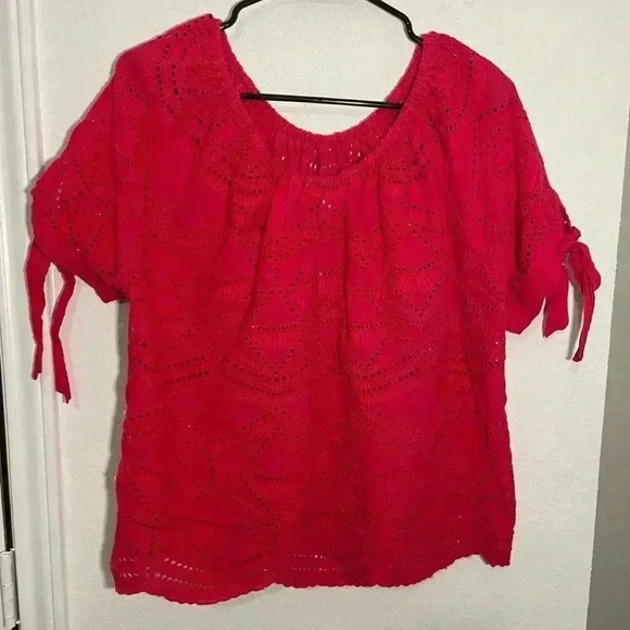 Sundance Eyelet Scoop Neck Short Sleeve Pink Blouse Top Womens Sz Petite Medium - Picture 8 of 9